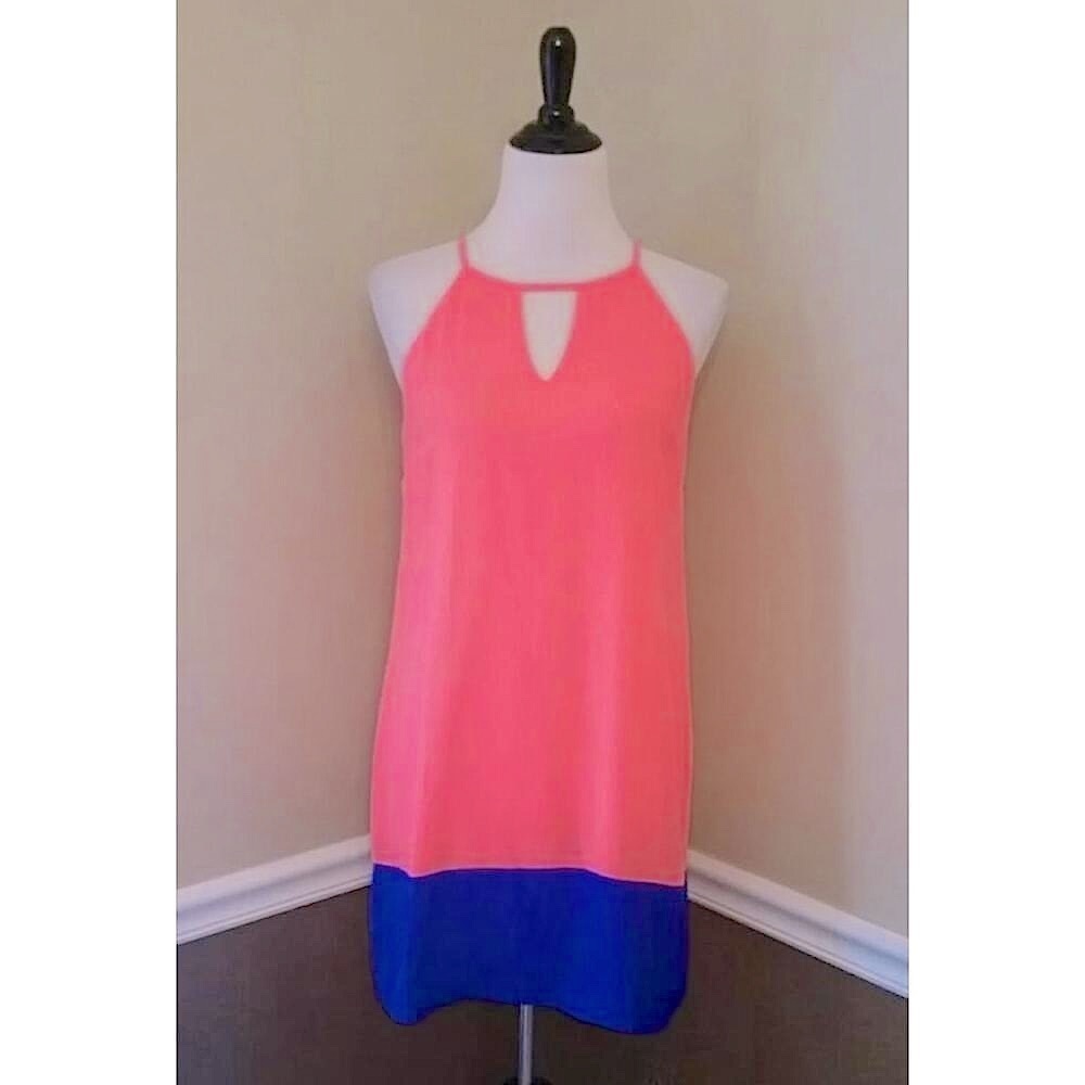 Bright Coral Pink Blue Trim Cutout Halter Mini Dress NEW ModCloth Pink Owl S